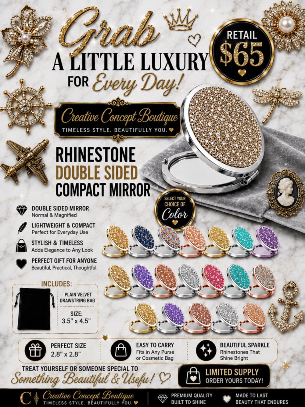 One Double Sided Rhinestone compact mirrors w/Velvet Pouch